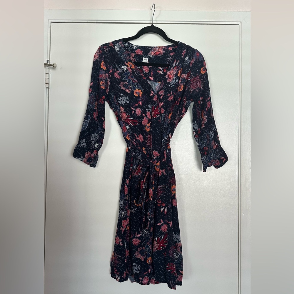 GAP Petite Floral Tie Waist Dress Size 6P Navy Boho Midi